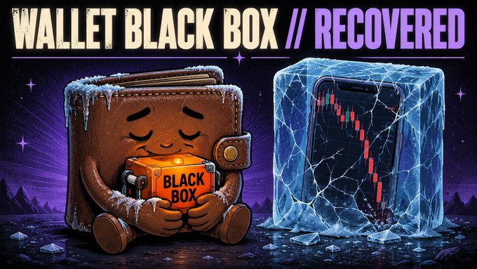 The image, titled "WALLET BLACK BOX // RECOVERED," depicts an anthropomorphized, snow-covered wallet clutching an orange "BLACK BOX" device, alongside a smartphone encased in ice displaying a red descending candlestick chart. It visually reinforces the post's narrative of a "frozen" wallet that has hit rock bottom on its holdings (the plummeting chart) and is now relying on its black box flight recorder to piece together the user's regrettable trading decisions.