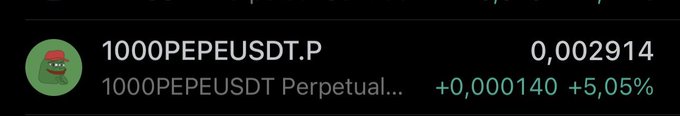The image shows a crypto trading interface displaying the **1000PEPEUSDT Perpetual** futures contract, currently priced at **0.002914**, with a gain of **+0.000140 (+5.05%)**. This relates to the post's bullish sentiment toward $PEPE, visualizing the recent price action that supports the anticipation of a breakout to new highs.