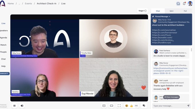 A screenshot of an online event titled 'Architect Check-In / Live' showing four participants in a video grid alongside a chat window with messages from attendees.
