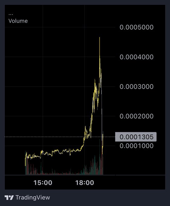A TradingView chart shows "beluga" (BELUGA) experiencing a sudden parabolic spike to a volume-weighted average of 0.0001305 before crashing back near zero, with price action between 15:00 and 18:00 confirming the rug pull referenced in the post. The vertical price line dropping sharply illustrates the coin going "str8 to zero" as the user noted.
