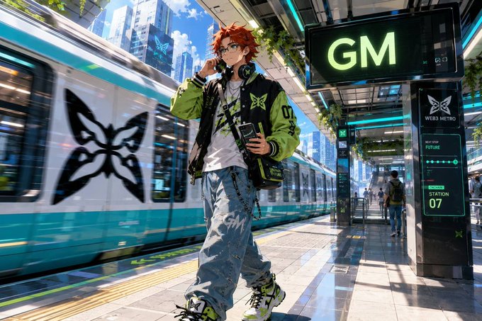 An anime-style digital illustration of a young person with orange hair and a butterfly-themed jacket standing at a futuristic 'WEB3 METRO' train platform with a 'GM' sign.