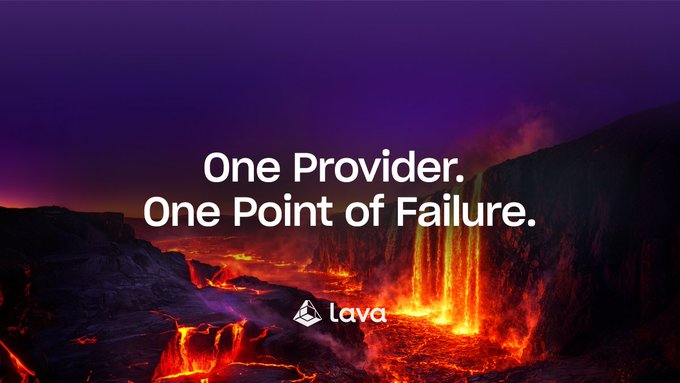A dramatic volcanic landscape with cascading lava flows serves as the backdrop for the text "One Provider. One Point of Failure." alongside the Lava logo. The imagery visually reinforces the post's warning about the dangers of relying on a single RPC provider, likening the lack of redundancy in dapp infrastructure to standing before a dangerous, uncontrollable eruption.