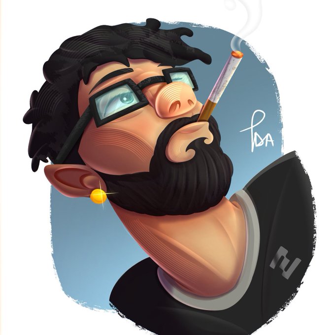 A digital illustration of a bearded man with glasses smoking a cigarette, signed 'PDA' with a logo in the corner.