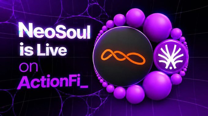 A promotional graphic with a purple and black grid background displays the text "NeoSoul is Live on ActionFi_" alongside an infinity symbol in an orange circle and a stylized white tree logo, visually announcing the NeoSoul platform's availability on the ActionFi_ ecosystem as referenced in the post about its $11M funding and backing from 0G Foundation.