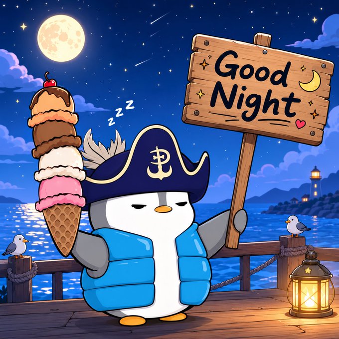 A cartoon penguin wearing a pirate hat and blue vest holds a giant multi-scoop ice cream cone and a wooden "Good Night" sign on a moonlit dock, matching the post's message to wind down, recharge, and prepare for another day of building in Web3.