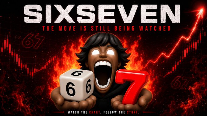 The image is a dramatic promotional graphic for "$SIXSEVEN" featuring a stylized figure with glowing white eyes screaming while holding a die showing "6" and a red number "7" against a fiery background with a rising red chart line. The text reads "SIXSEVEN - THE MOVE IS STILL BEING WATCHED" and "WATCH THE CHART. FOLLOW THE STORY," visually reinforcing the post's theme of closely tracking the token's price action near its all-time high of $0.03259.