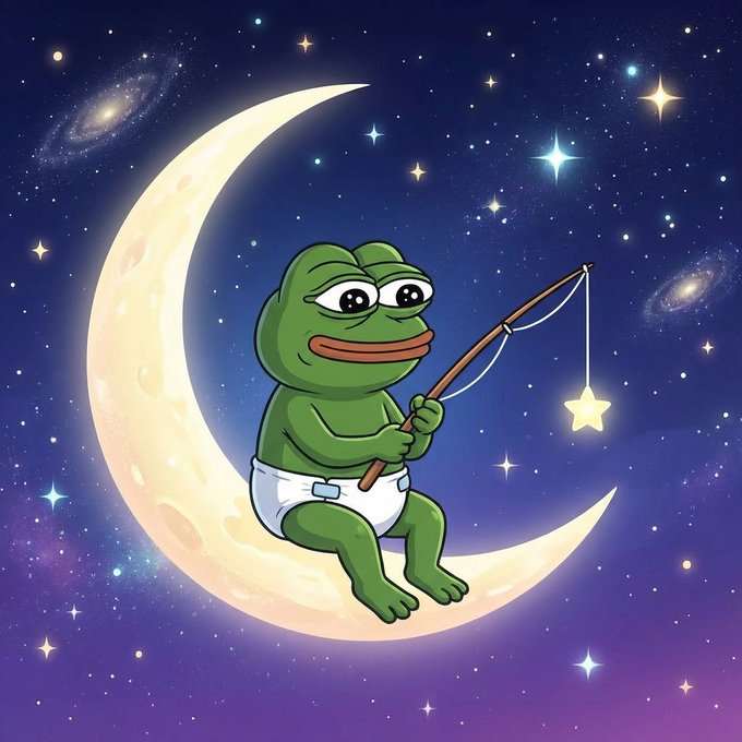 The image features a cartoon frog sitting on top of a moon with stars. The frog appears to be holding a fishing rod, suggesting that he might be fishing for fish or other aquatic creatures. The background of the image is filled with stars, creating a starry night sky atmosphere. There are also planets visible in the scene, adding depth and context to the illustration.
