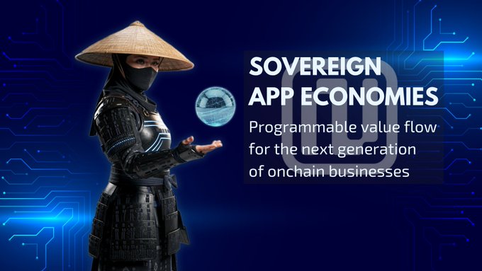 The image features a person dressed as a warrior with a hat, holding a ball above their head. The background of the image has blue lines and dots, which could be interpreted as circuits or a network. The caption below the image reads "Sovereign App Economics".