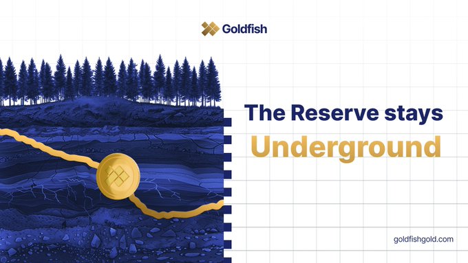 A Goldfish marketing graphic with the tagline 'The Reserve stays Underground' depicting a gold coin on a blue underground layer beneath a forest.