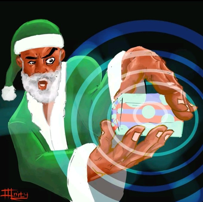 A digital painting of a Santa Claus character with a shocked expression, holding up a glowing gift that emits blue circular waves.