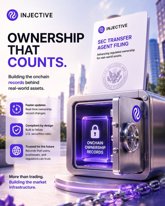 A promotional graphic for INJECTIVE reads 'OWNERSHIP THAT COUNTS.' and 'SEC TRANSFER AGENT FILING,' advertising their onchain records service for real-world assets.