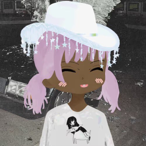 A digital illustration depicts a smiling character with pink hair wearing a white hat with stars and a white shirt, set against a grayscale urban background.
