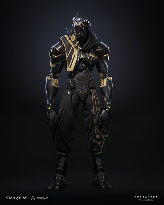 A futuristic black-and-gold armored figure stands against a dark backdrop, featuring mechanical claw-like hands and intricate plating, with "STAR ATLAS" and "AUTOMATA" logos visible in the bottom left and "SPERASOFT" text in the bottom right—evoking a sleek sci-fi aesthetic that complements the brief, understated greeting "Hello, mutuals."