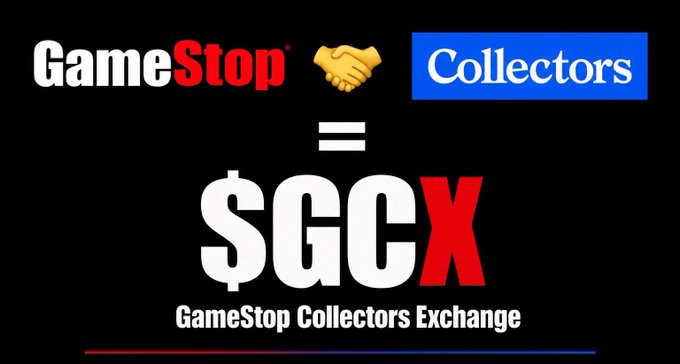 A graphic illustrating that GameStop plus Collectors equals $GCX (GameStop Collectors Exchange).