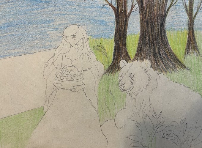 A pencil sketch of a woman holding a basket of fruit near a bear and trees.