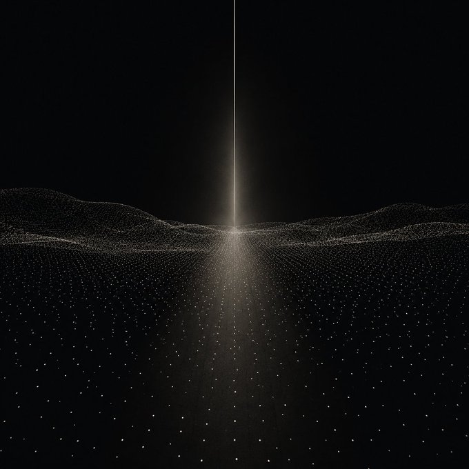 The image features a black background with white dots scattered throughout, creating an abstract pattern that resembles stars or constellations. The dots are positioned at various locations across the frame, giving the impression of a vast expanse of space. In the center of this celestial scene, there is a bright light shining down on the dots, drawing attention to its presence and adding depth to the image. This composition evokes a sense of wonder and curiosity about the universe and our place within it.