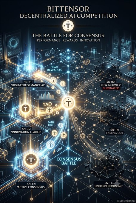 A Bittensor (TAO) themed illustration depicting decentralized AI competition and the battle for consensus between subnets, tagged @MasterBaba.