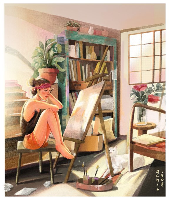 A watercolor illustration of a young woman sitting in a chair in an art studio, contemplating a blank canvas on an easel, with a bookshelf, plants, and a cat nearby.