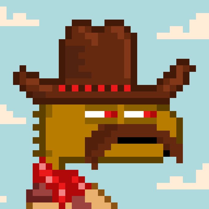 A pixel art character wearing a brown cowboy hat and red bandana, with red eyes and a stern expression, set against a light blue sky with white clouds.