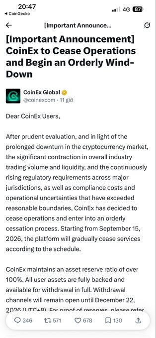 A Twitter announcement from CoinEx Global stating they will cease operations and begin an orderly wind-down starting September 15, 2026, with withdrawals open until December 22, 2026.