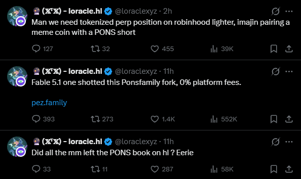 A screenshot of three tweets from @loraclexyz discussing tokenized perpetual positions on Hyperliquid, specifically referencing PONS, Fable 5.1, and questioning whether market makers have left the PONS order book. The tweets show engagement metrics ranging from 127-1.4K likes and 39K-552K views, with the user's comment "Yeah he's definitely not hedged at all" likely responding to the concern raised in the third tweet about PONS order book liquidity.