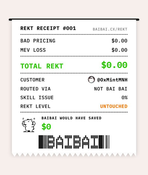 A digital receipt template titled 'REKT RECEIPT #001' from BAIBAT.CX/REKT shows 'TOTAL REKT' of $0.00, routed 'NOT BAI BAI' with an 'UNTOUCHED' REKT level, belonging to customer @0xMintMNH.