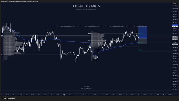 A TradingView chart titled "DIEGUITO CHARTS" displays BTC/USD price action around the 94,000-95,000 range, with a blue VWAP line and shaded zones marking key support/resistance levels on a 15-minute timeframe. The caption notes that as long as BTC holds above the VWAP, this represents the trader's plan for closing out the week.