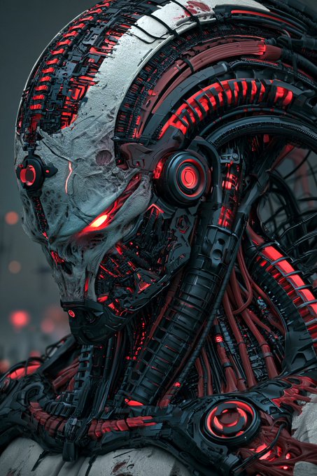 A detailed digital artwork depicts a menacing cyborg or robotic creature with exposed mechanical parts, wires, and glowing red lights.