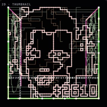 The image displays a 2D "THUMBNAIL" view of intricate on-chain generative art featuring blocky, maze-like patterns in pink and white against a black background, framed by green borders with numerical coordinate markings. The pixelated, labyrinthine design reflects the evolving, tech-forward nature of the "#tbam" (block art) project mentioned in the post, showcasing its complex algorithmic aesthetic rather than a simple profile picture collection.