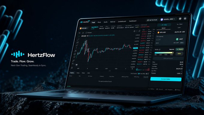 A laptop displaying a trading dashboard for 'HertzFlow' with the tagline 'Trade. Flow. Grow. Next-Gen Trading, Seamlessly in Sync.'