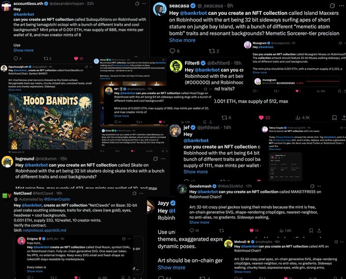 A collage of numerous Twitter/X posts showcasing diverse AI-generated NFT collections on Robinhood Chain, all created via @bankrbot using @netprotocolapp's "neiplaunchpad" skill, featuring collections like "Subaquebullions," "Island Maxxers," "Hood Bandits," "NetClaws," and "MAKEITFREE" with varying traits and mint prices, illustrating the viral adoption of the AI-powered NFT creation tool mentioned in the caption.