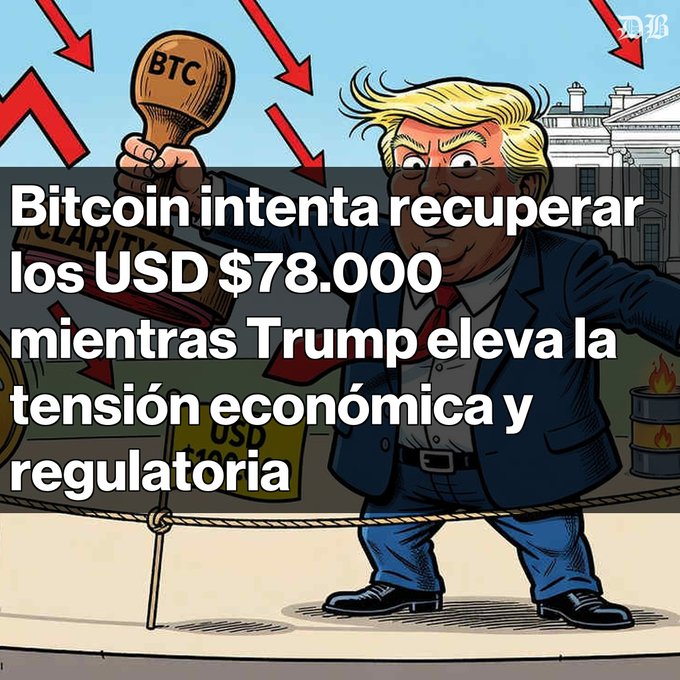 A political cartoon depicting Donald Trump smashing a Bitcoin (BTC) stamp, with red downward arrows and the Spanish text 'Bitcoin intenta recuperar los USD $78.000 mientras Trump eleva la tensión económica y regulatoria' (Bitcoin tries to recover $78,000 USD while Trump raises economic and regulatory tension).