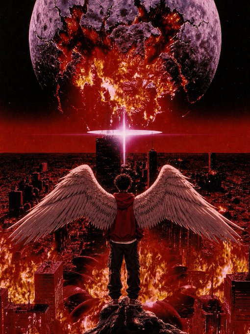 A digital artwork showing a winged figure standing on a cliff overlooking a burning city beneath a fractured, fiery moon.
