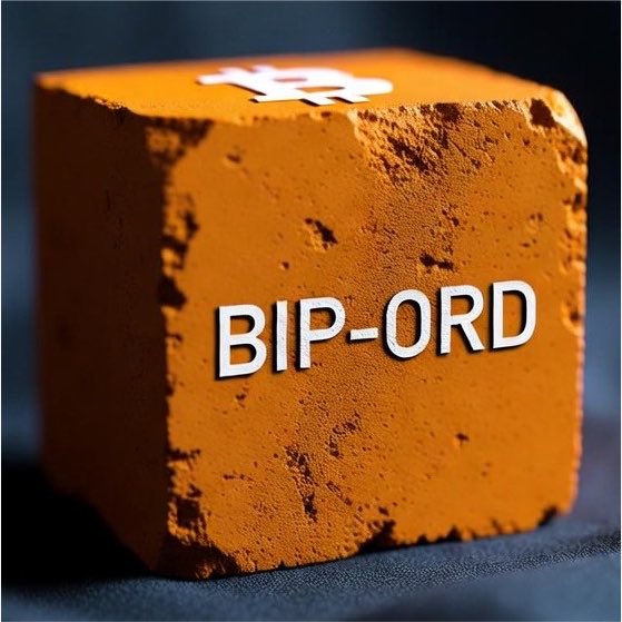 A weathered orange block displays the text "BIP-ORD" on its front face, serving as a visual punchline to the post calling for a new BIP (Bitcoin Improvement Proposal) dedicated to Ordinals and Runes following LukeDashJr's departure and the closure of an earlier Ordinals BIP pull request.