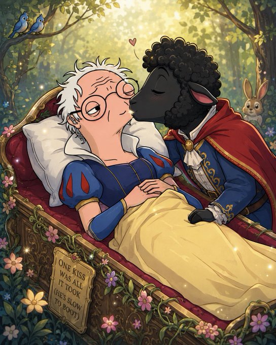 A cartoon-style illustration depicts a sheep-knight kissing a sleeping princess, with a tombstone reading 'ONE KISS WAS ALL IT TOOK (HE'S SLOW TO BOOT)' in a flower-adorned forest setting.