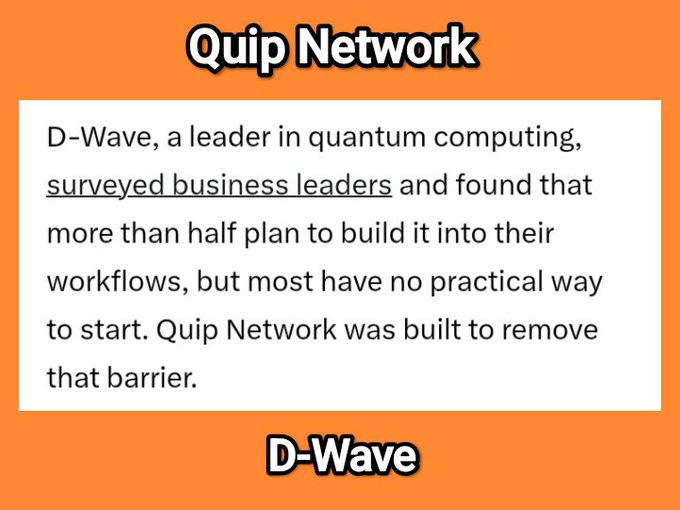 An orange graphic with white text about 'Quip Network' and 'D-Wave', describing how D-Wave surveyed business leaders about quantum computing integration.