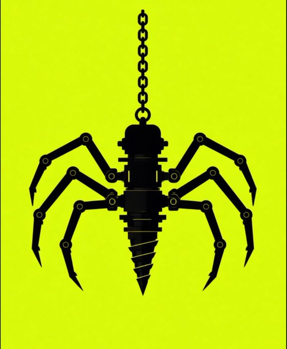 A black silhouette of a mechanical spider with a drill-shaped abdomen hangs from a chain against a bright neon yellow-green background.