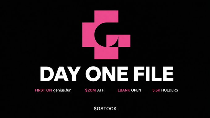 A promotional banner for 'DAY ONE FILE' with a pink logo, highlighting 'FIRST ON genius.fun', '$20M ATH', 'LBANK OPEN', and '5.5K HOLDERS', with the ticker '$GSTOCK'.