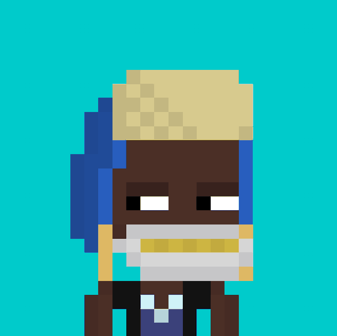 A pixel art character with brown skin, blue hair, a tan bucket hat, and a white and yellow scarf against a teal background.