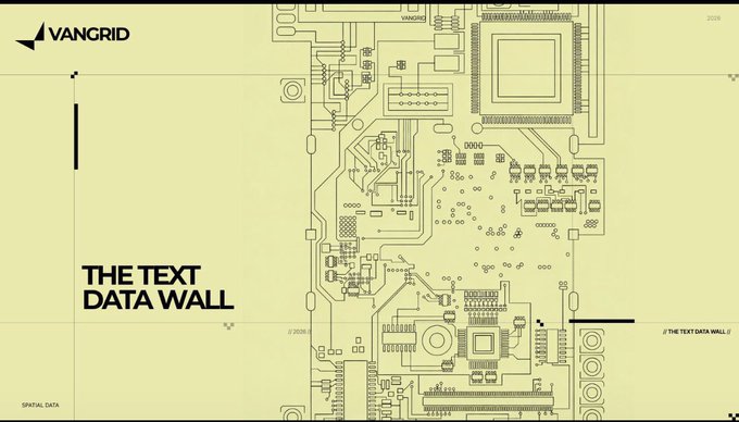 A yellow-toned graphic design features a circuit board illustration with the text 'VANGRID', 'THE TEXT DATA WALL', and '// THE TEXT DATA WALL //' alongside various coordinate numbers.