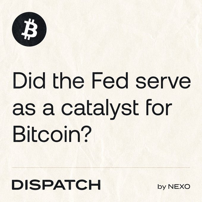 A minimalist graphic featuring a Bitcoin logo in the top left corner with the headline "Did the Fed serve as a catalyst for Bitcoin?" displayed prominently, branded as "DISPATCH by NEXO" at the bottom. The image ties into the post's discussion of Bitcoin's stretched RSI against the Nasdaq—a metric historically signaling major outperformance—suggesting that post-Fed monetary policy may have triggered a similar technical setup pointing to further upside.