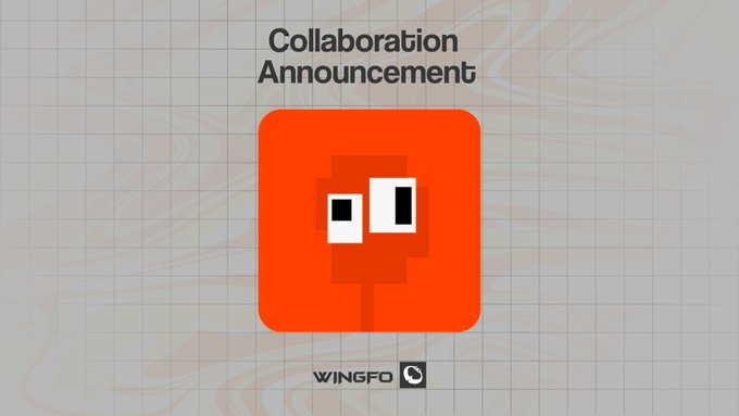 A "Collaboration Announcement" graphic featuring a pixelated orange character with rectangular eyes, branded with the "WINGFO" logo.