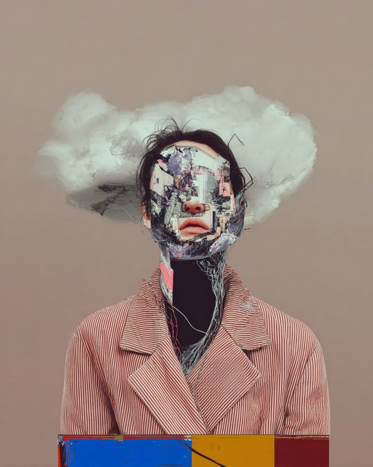 A surreal digital artwork featuring a figure in a red and white striped jacket, their face fragmented into glitchy, collage-like textures and topped with a billowing cloud, presented as a final NFT drop on objkt.com by creator tz1igMHA.