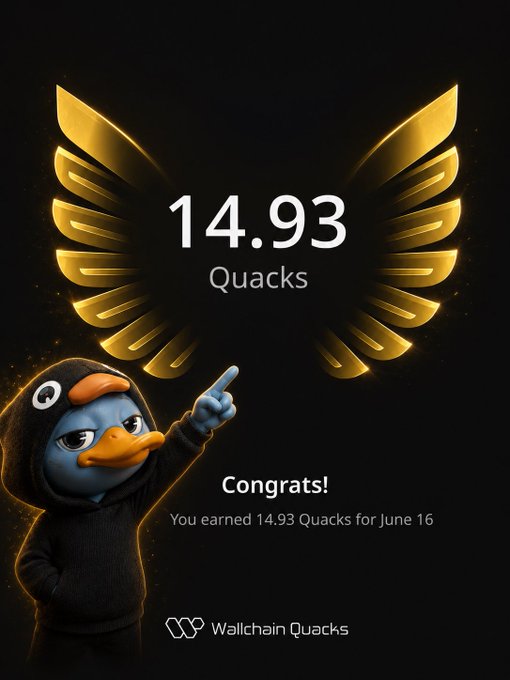 The image features a cartoon duck standing in front of an advertisement that shows how many Quacks were achieved at the end of the game. The duck appears to be wearing a black hoodie, and there's another character, possibly an icon, visible behind the duck in the background. Above the duck, there is text that reads "14.93 Quacks", indicating that the player has successfully earned 14.91 Quacks during their time playing the game.