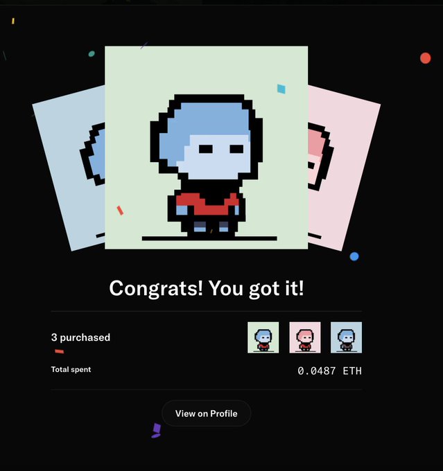 A crypto giveaway promotion shows a pixel-art character and the text “Congrats! You got it!” after “3 purchased,” with “Total spent 0.0487 ETH” and a “View on Profile” button. The three MDG characters shown match the accompanying post explaining that the winner receives 3 MDG, chosen by commenting for 24 hours.