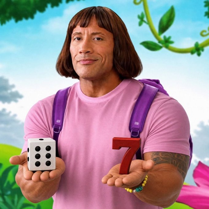 Dwayne "The Rock" Johnson with a bowl cut, holding a die showing six and the number "7," riffing on the viral "six seven" meme that the $67 contest invites creators to remix for a chance at a $10,000 prize pool.
