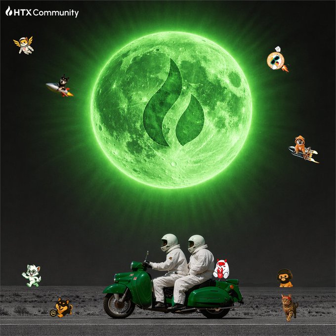 An HTX Community promotional graphic features a green glowing moon with astronauts on a motorcycle with sidecar, surrounded by cartoon animal and character mascots floating around.