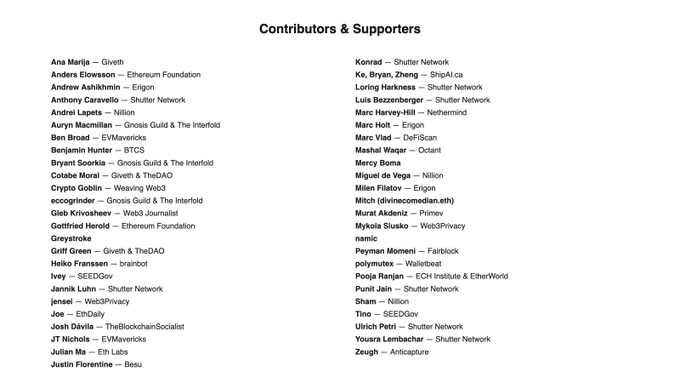 The image displays a "Contributors & Supporters" list for an Ethereum encrypted mempool initiative, featuring names and affiliations from various organizations including the Ethereum Foundation, Gnosis Guild & The Interfold, Shuttle Network, EVMavericks, and many others. The caption relates to the accompanying post by recognizing the numerous individuals and teams working behind the scenes on this complex technical challenge.