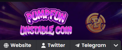 Promotional graphic for 'PUMPFUN UNSTABLE COIN' with Website, Twitter, and Telegram links.
