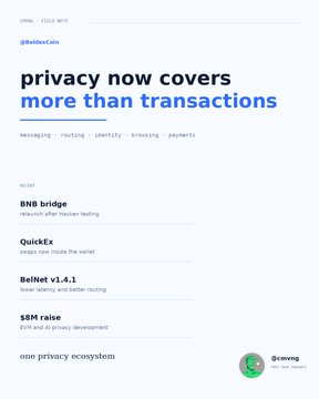 Mobile-formatted webpage about blockchain privacy with headline 'privacy now covers more than transactions' covering messaging, routing, identity, browsing, and payments.